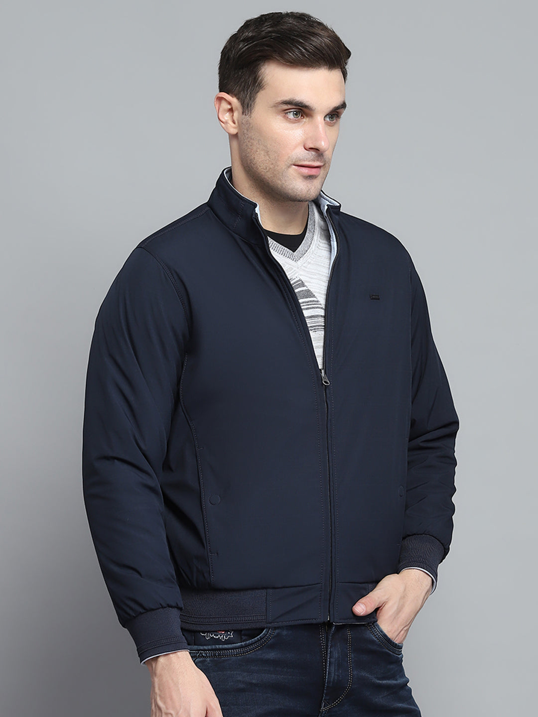 Men Navy Blue Solid Mock Neck Full Sleeve Jacket