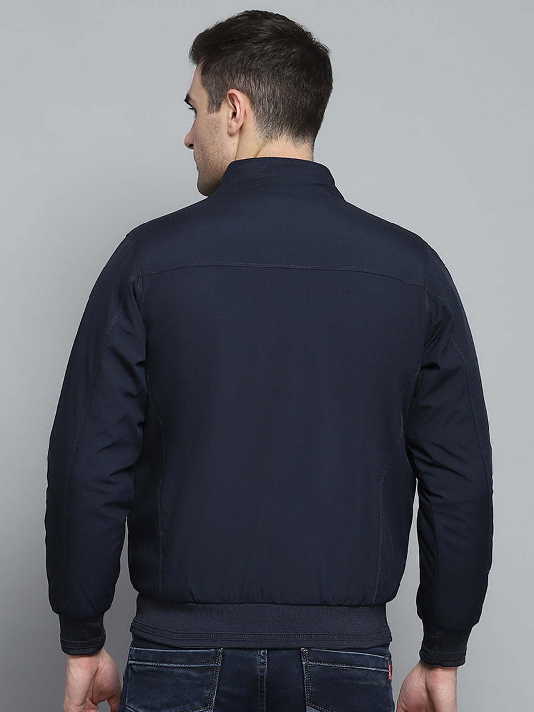 Men Navy Blue Solid Mock Neck Full Sleeve Jacket