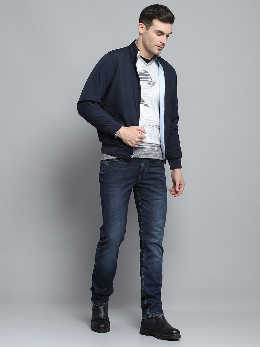 Men Navy Blue Solid Mock Neck Full Sleeve Jacket