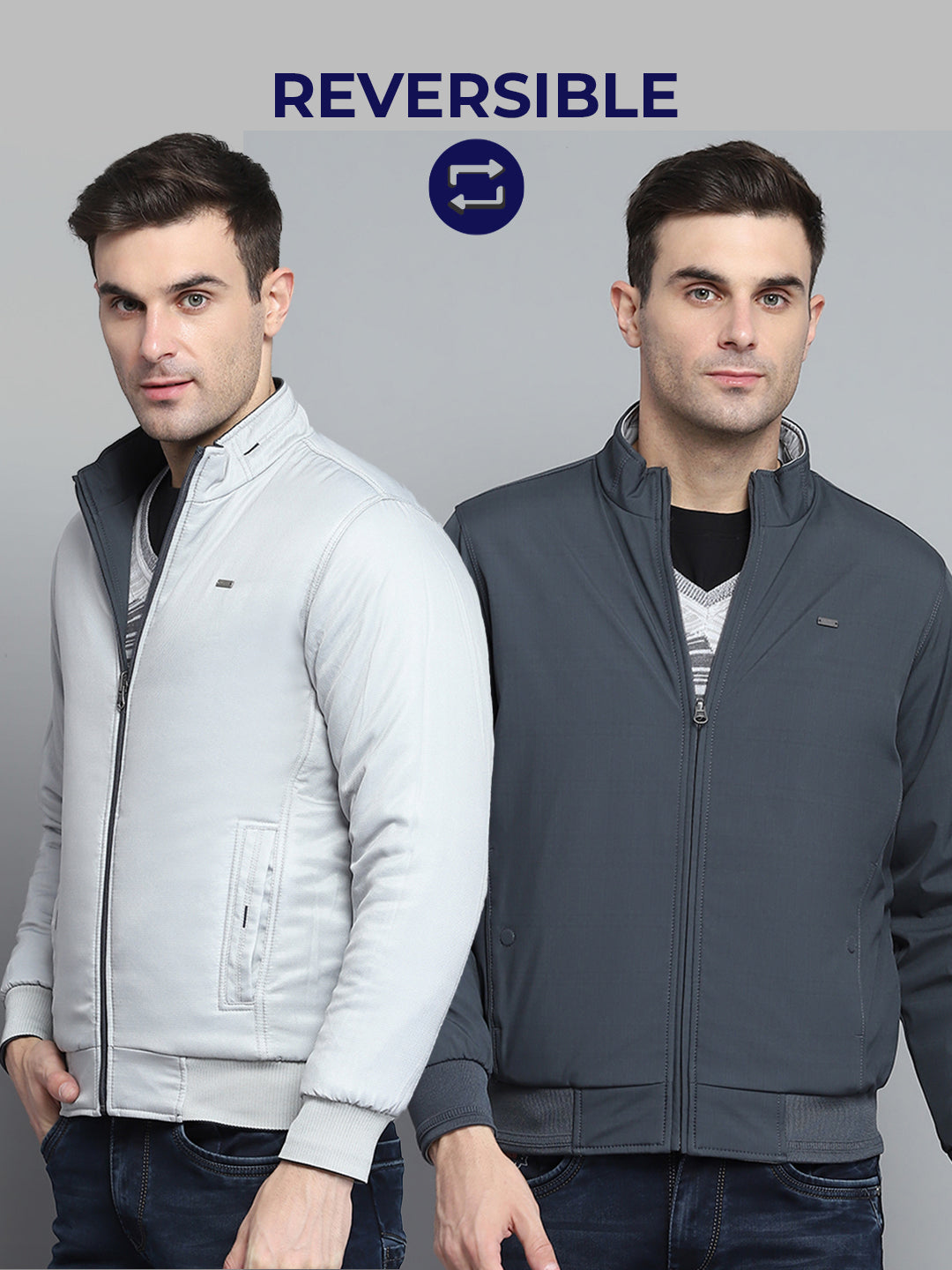 Men Grey Solid Mock Neck Full Sleeve Jacket