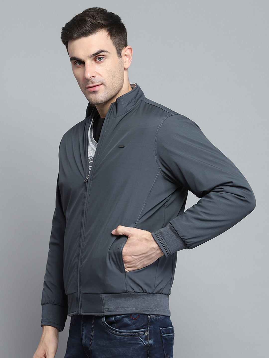 Men Grey Solid Mock Neck Full Sleeve Jacket