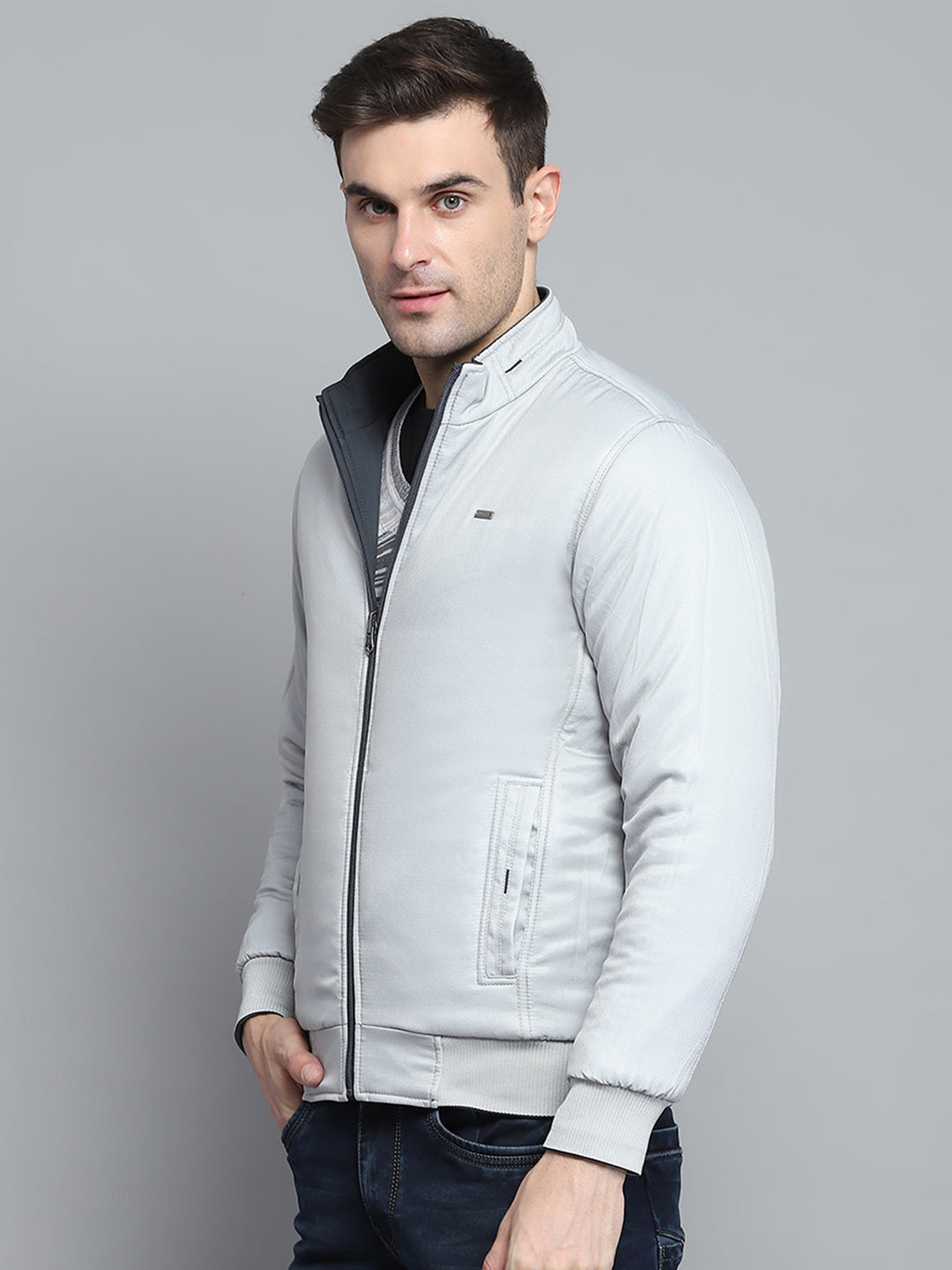 Men Grey Solid Mock Neck Full Sleeve Jacket