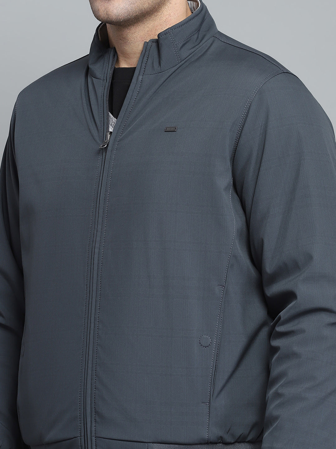 Men Grey Solid Mock Neck Full Sleeve Jacket