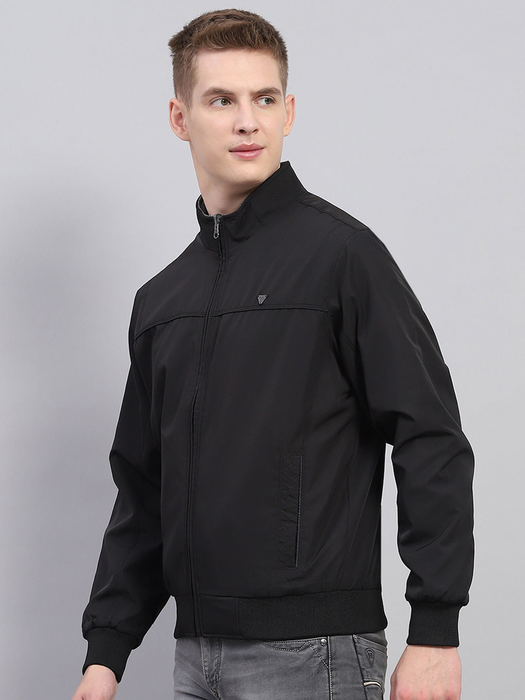 Men Black Solid Mock Neck Full Sleeve Jacket