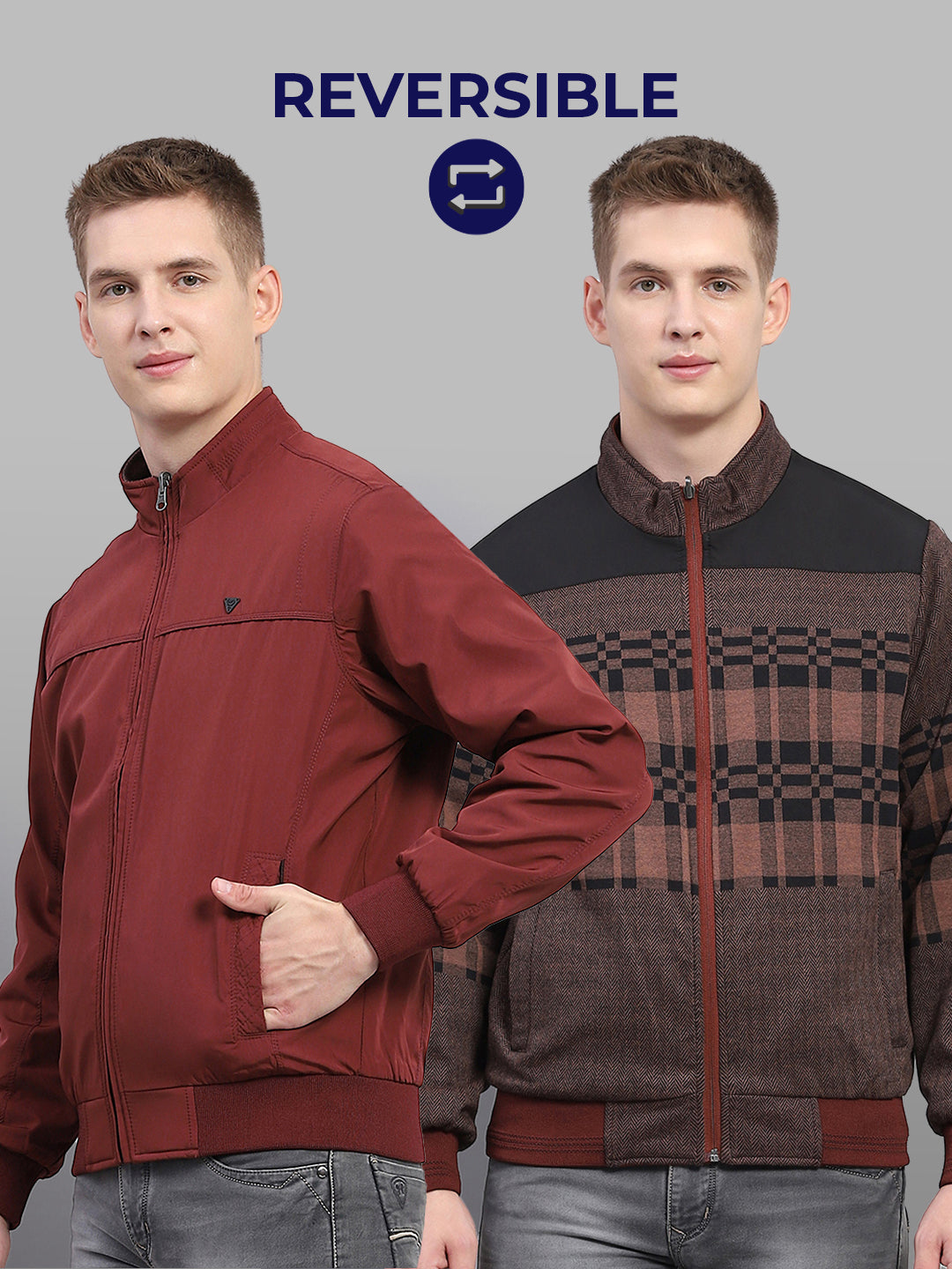 Men Maroon Solid Mock Neck Full Sleeve Jacket