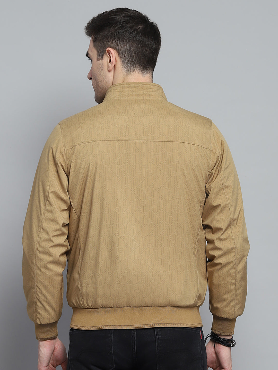 Men Khaki Solid Mock Neck Full Sleeve Jacket