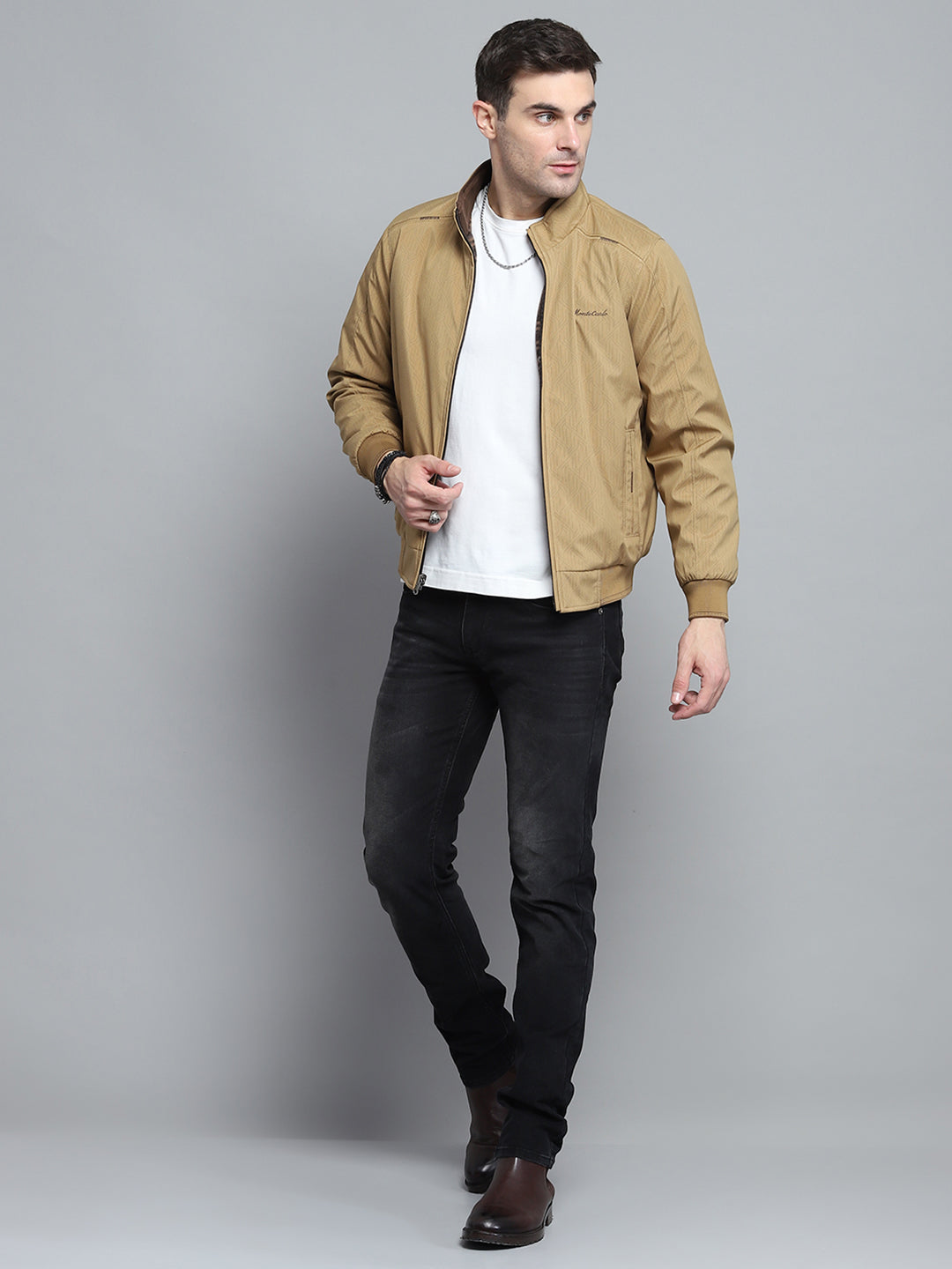 Men Khaki Solid Mock Neck Full Sleeve Jacket