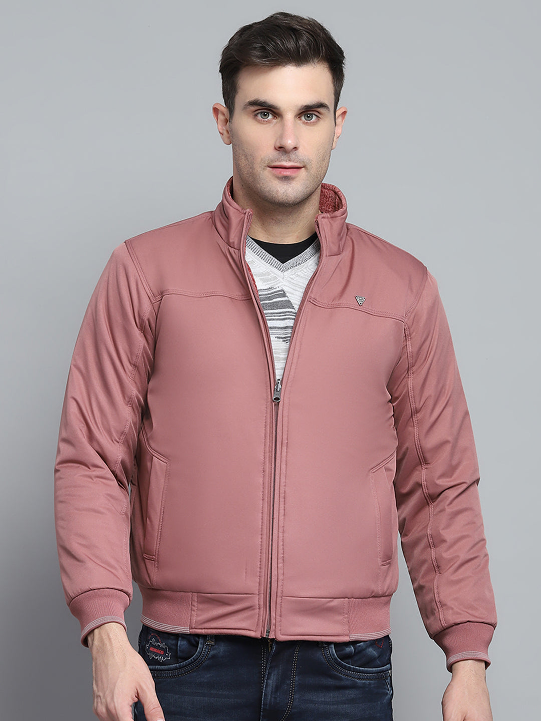 Men Pink Solid Mock Neck Full Sleeve Jacket