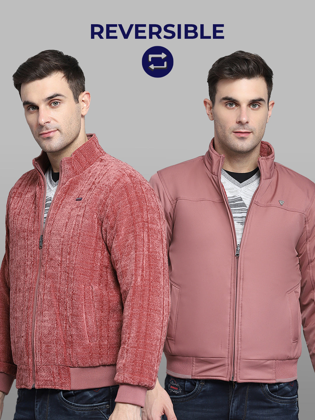 Men Pink Solid Mock Neck Full Sleeve Jacket