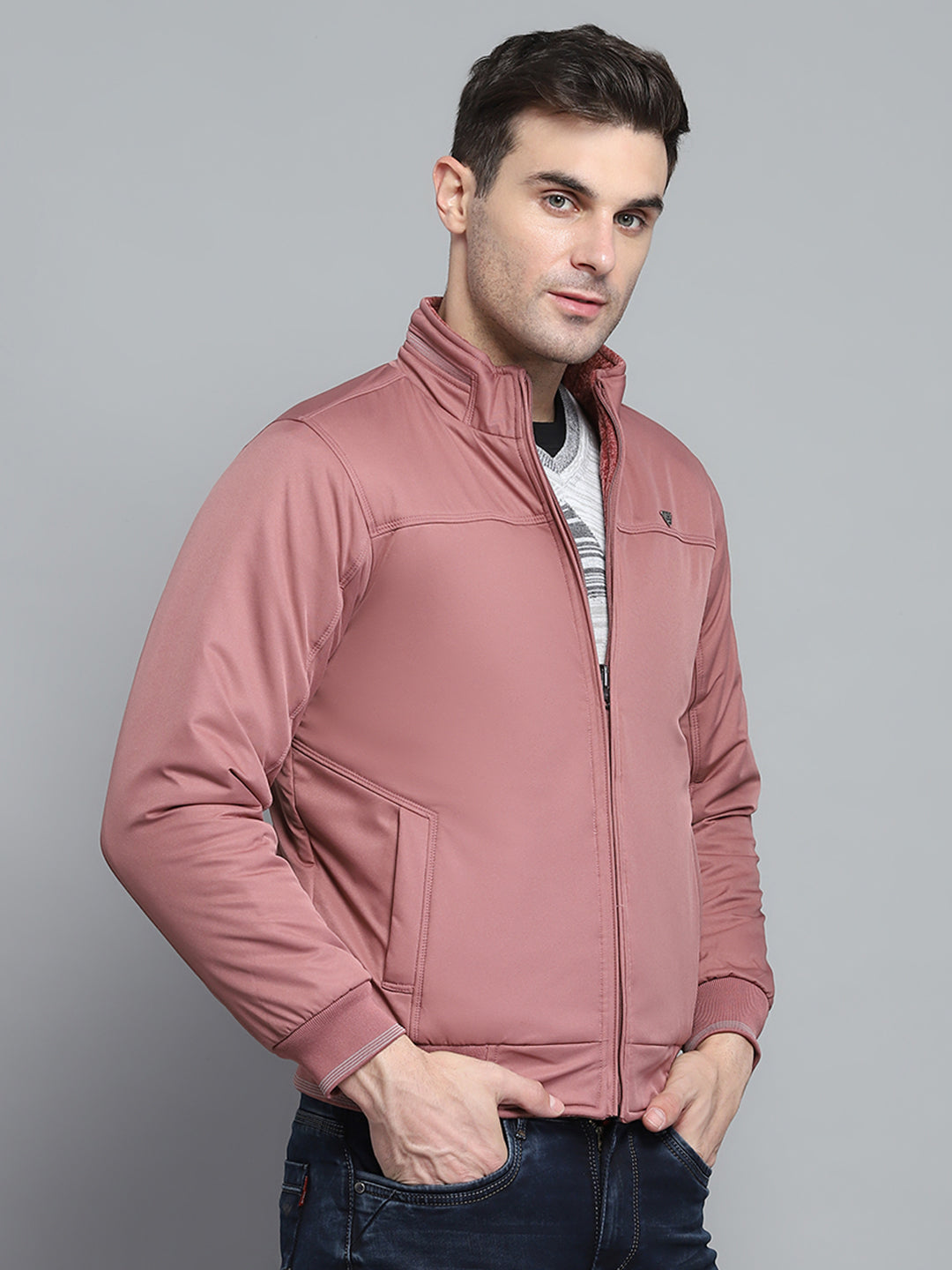 Men Pink Solid Mock Neck Full Sleeve Jacket