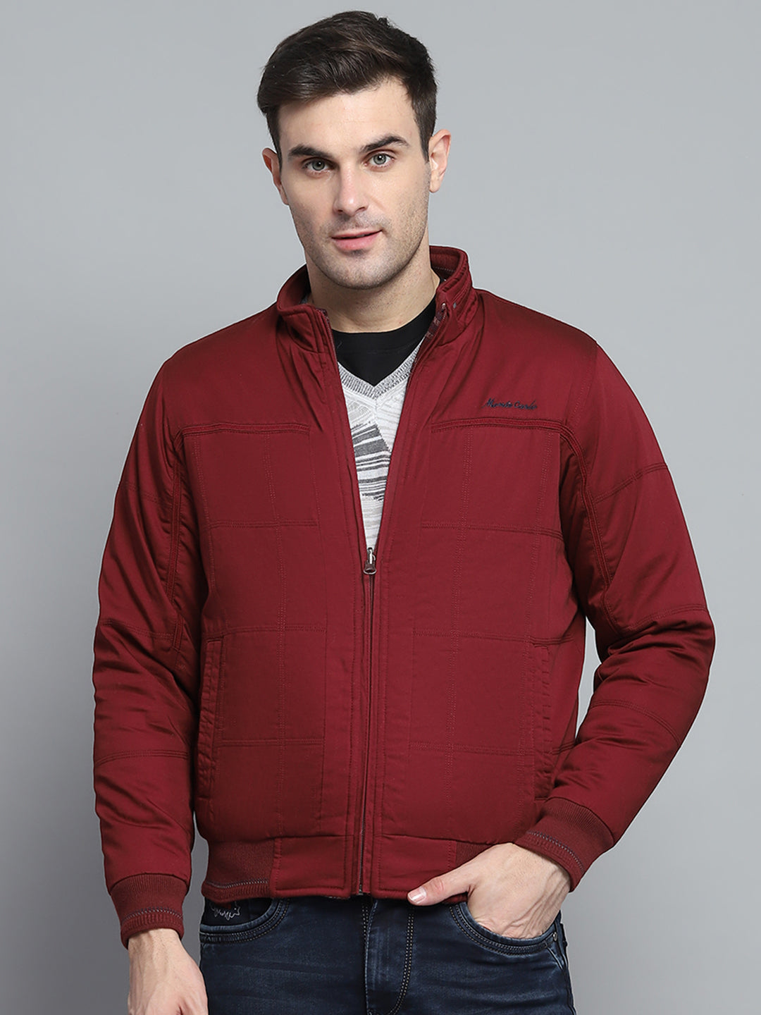 Men Maroon Solid Mock Neck Full Sleeve Jacket