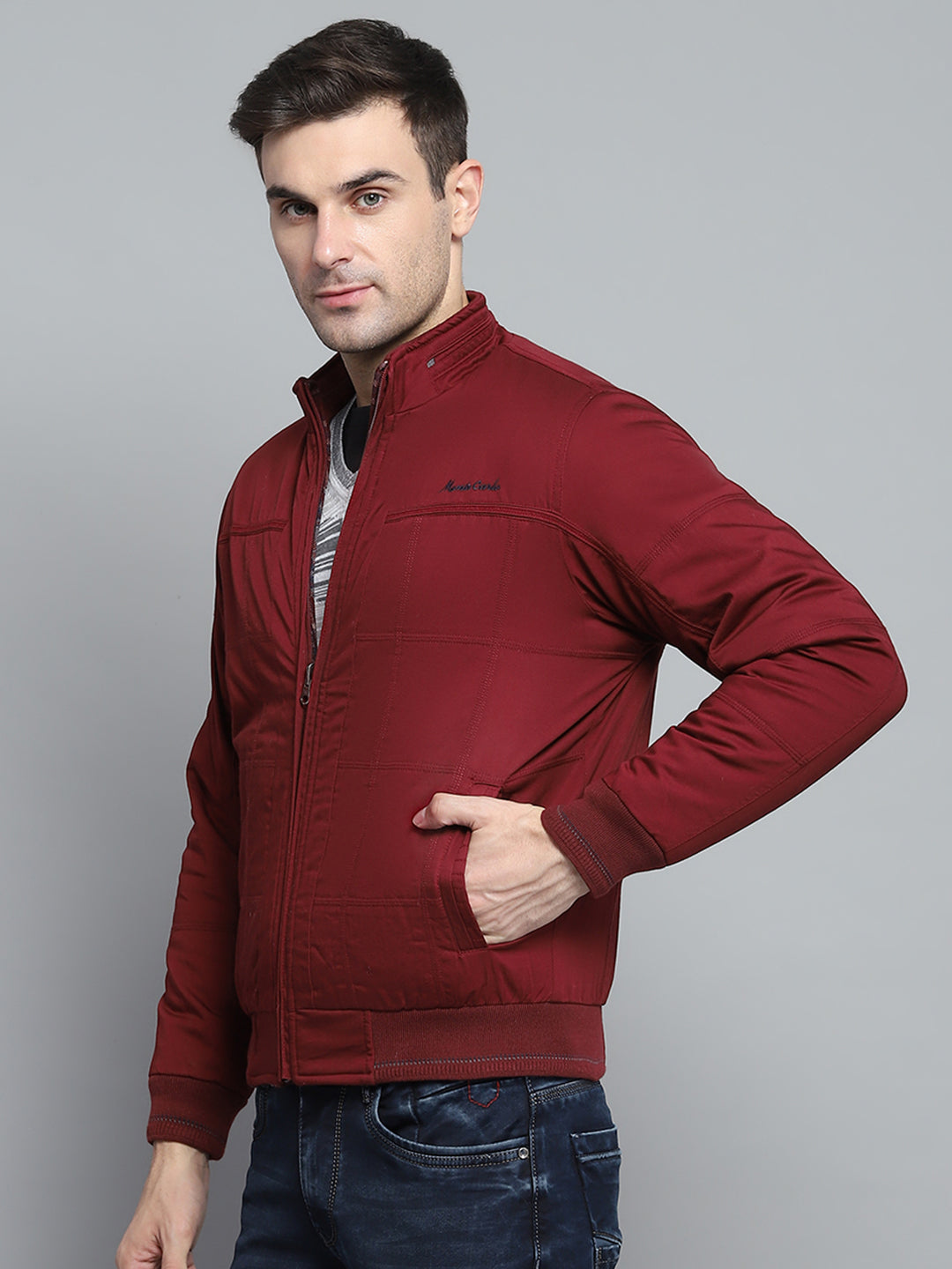 Men Maroon Solid Mock Neck Full Sleeve Jacket