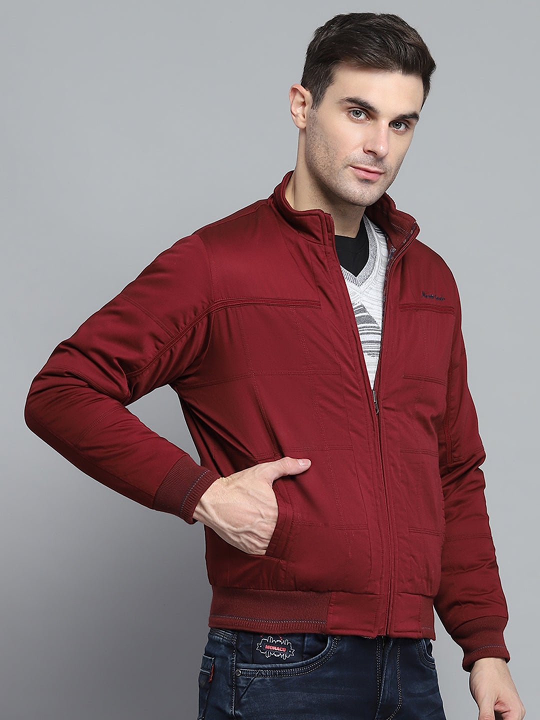 Men Maroon Solid Mock Neck Full Sleeve Jacket