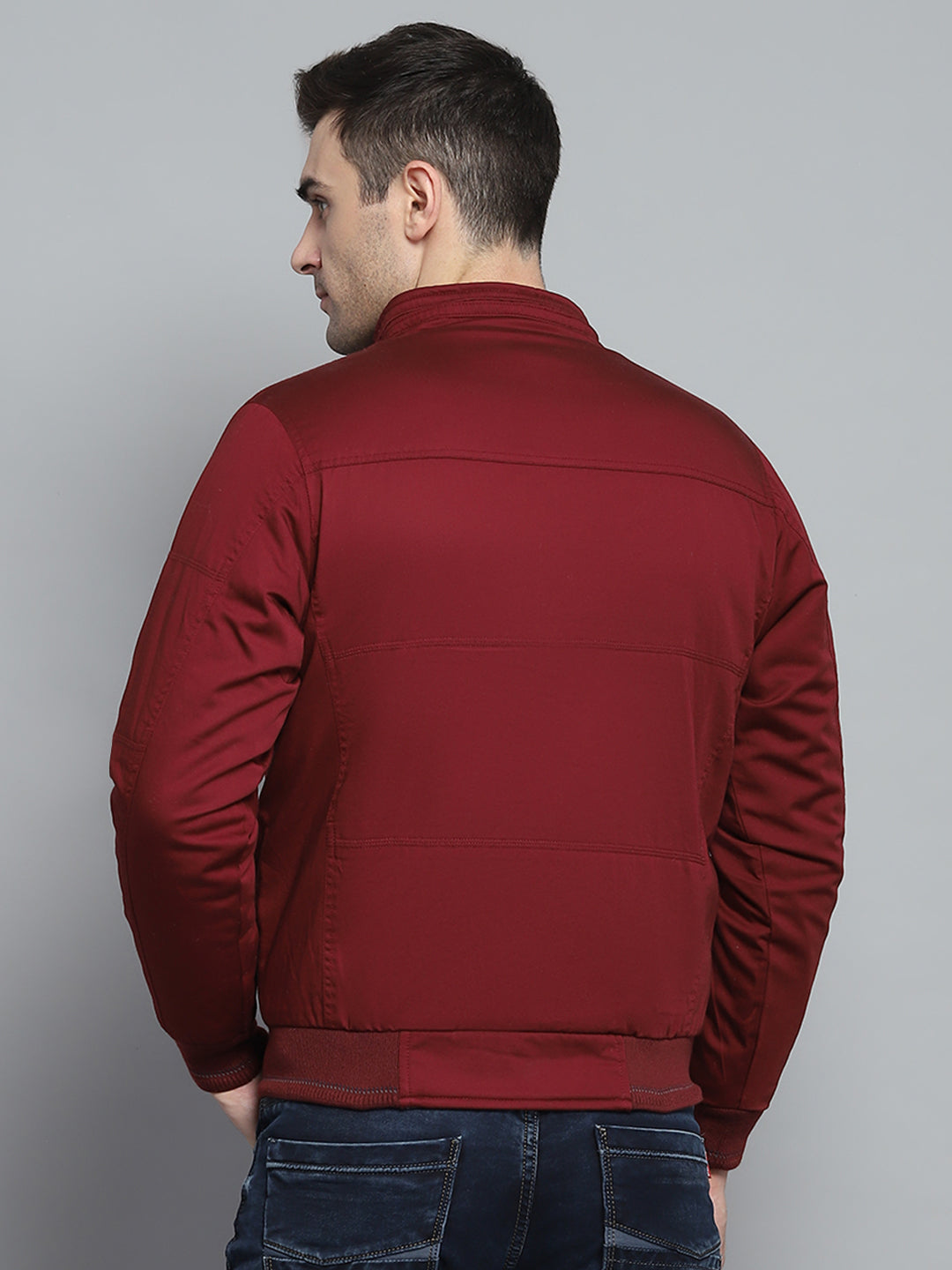 Men Maroon Solid Mock Neck Full Sleeve Jacket