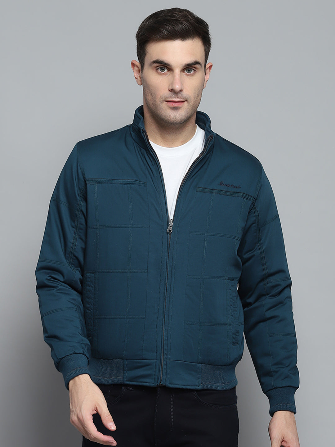 Men Teal Blue Solid Mock Neck Full Sleeve Jacket