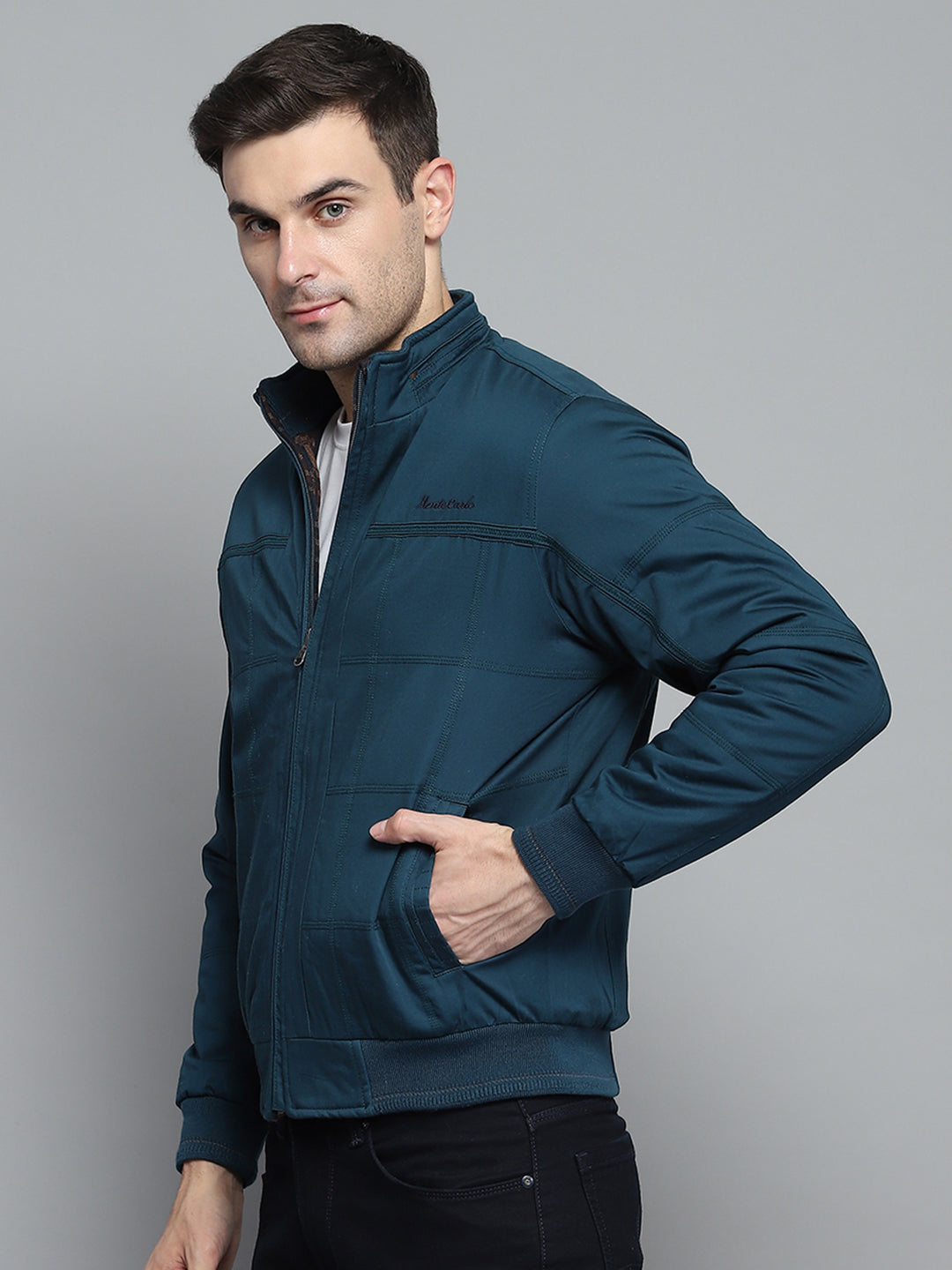 Men Teal Blue Solid Mock Neck Full Sleeve Jacket