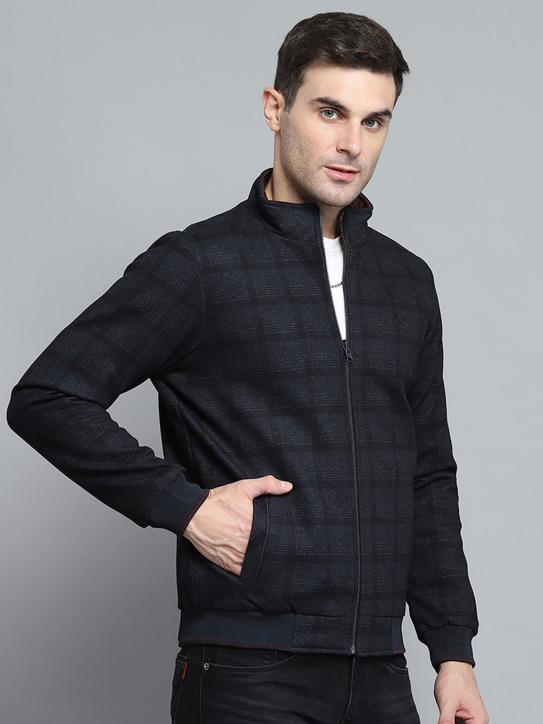 Men Navy Blue Solid Mock Neck Full Sleeve Jacket