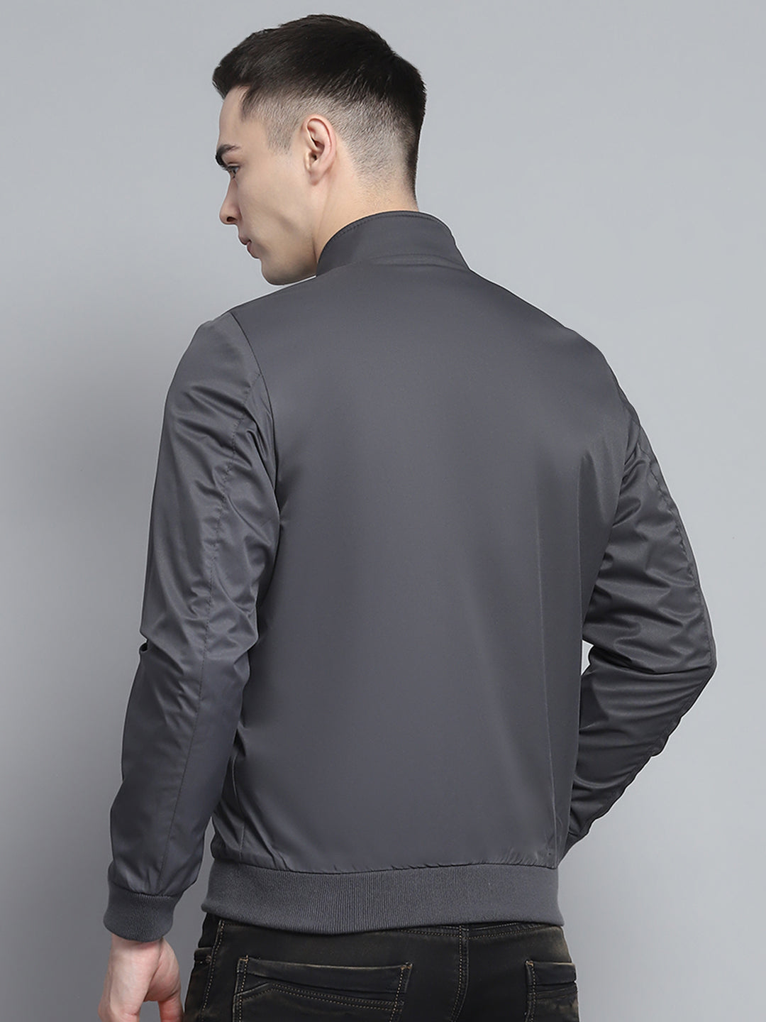 Men Grey Solid Mock Neck Full Sleeve Reversible Jacket