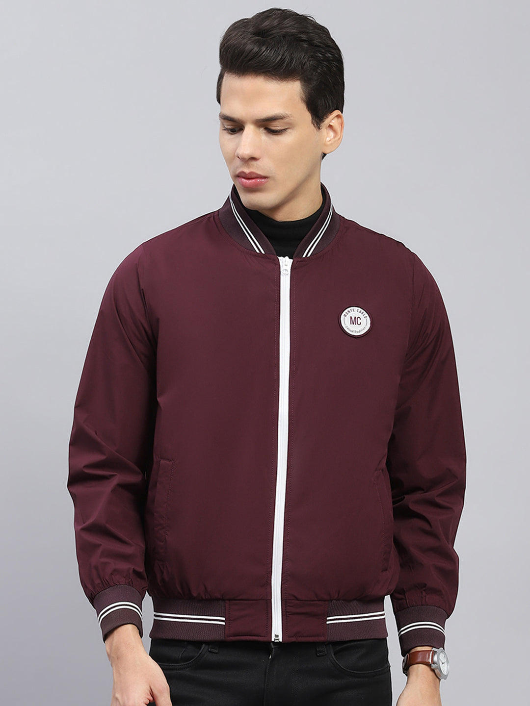 Men Maroon Solid Round Neck Full Sleeve Jacket