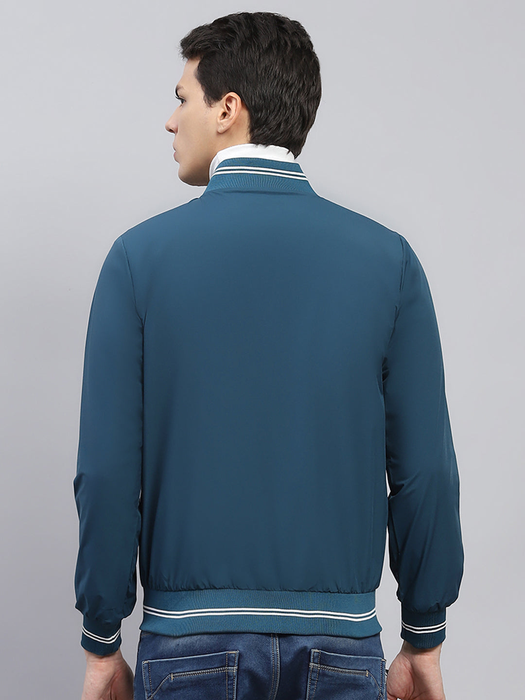 Men Teal Blue Solid Round Neck Full Sleeve Jacket