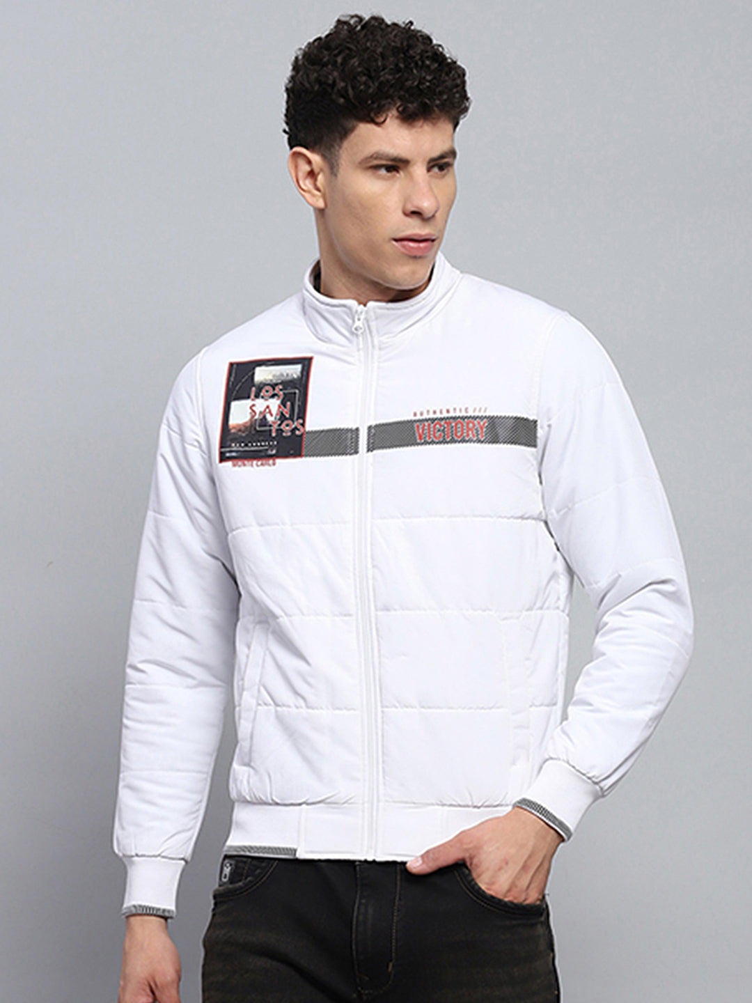 Men White Printed Mock Neck Full Sleeve Jacket