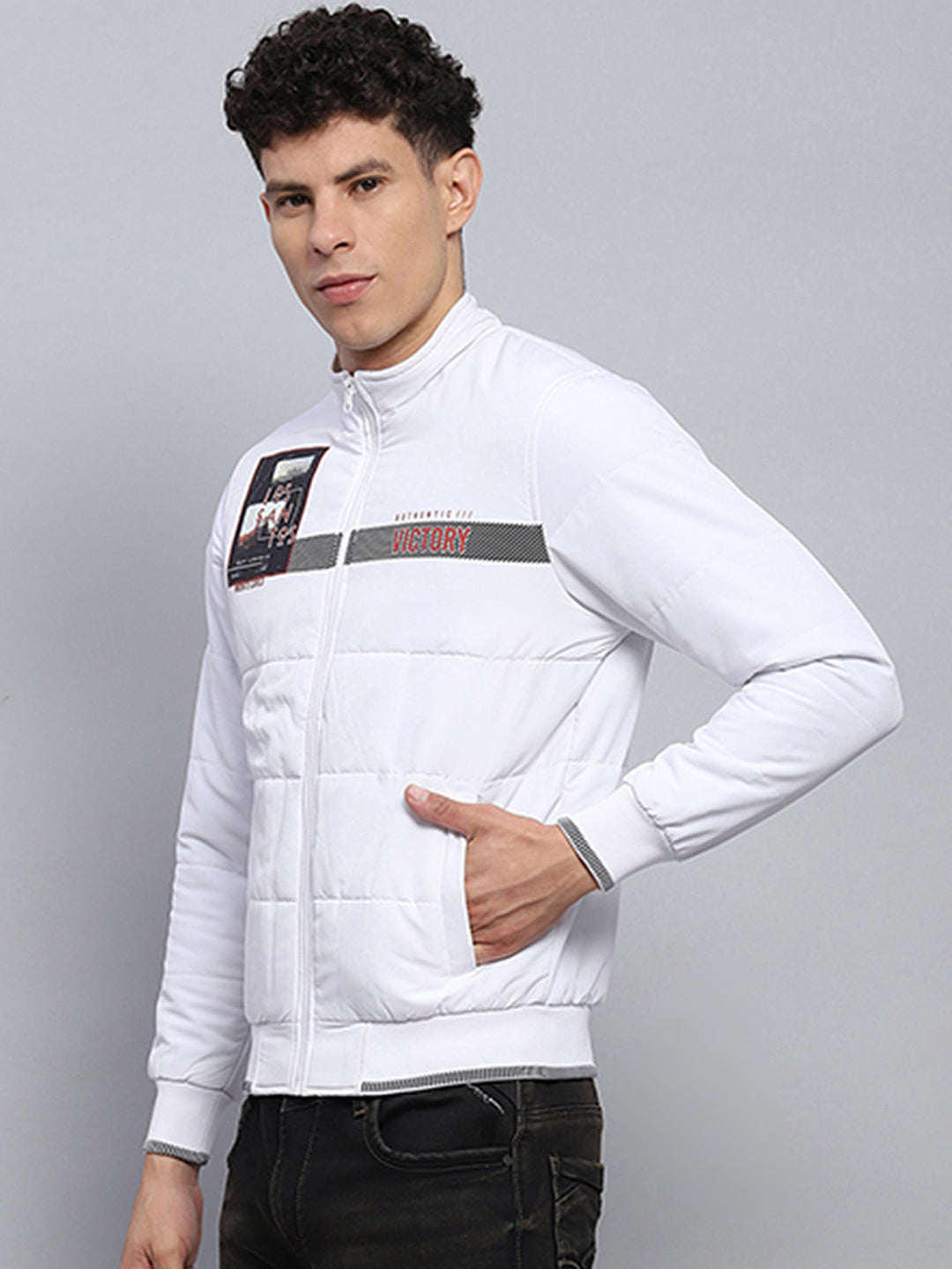 Men White Printed Mock Neck Full Sleeve Jacket