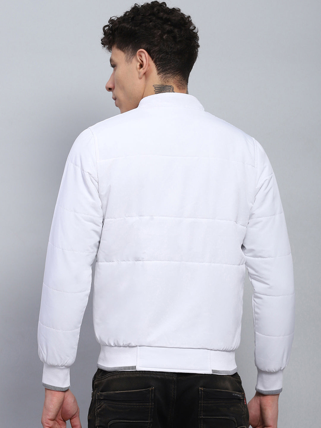 Men White Printed Mock Neck Full Sleeve Jacket