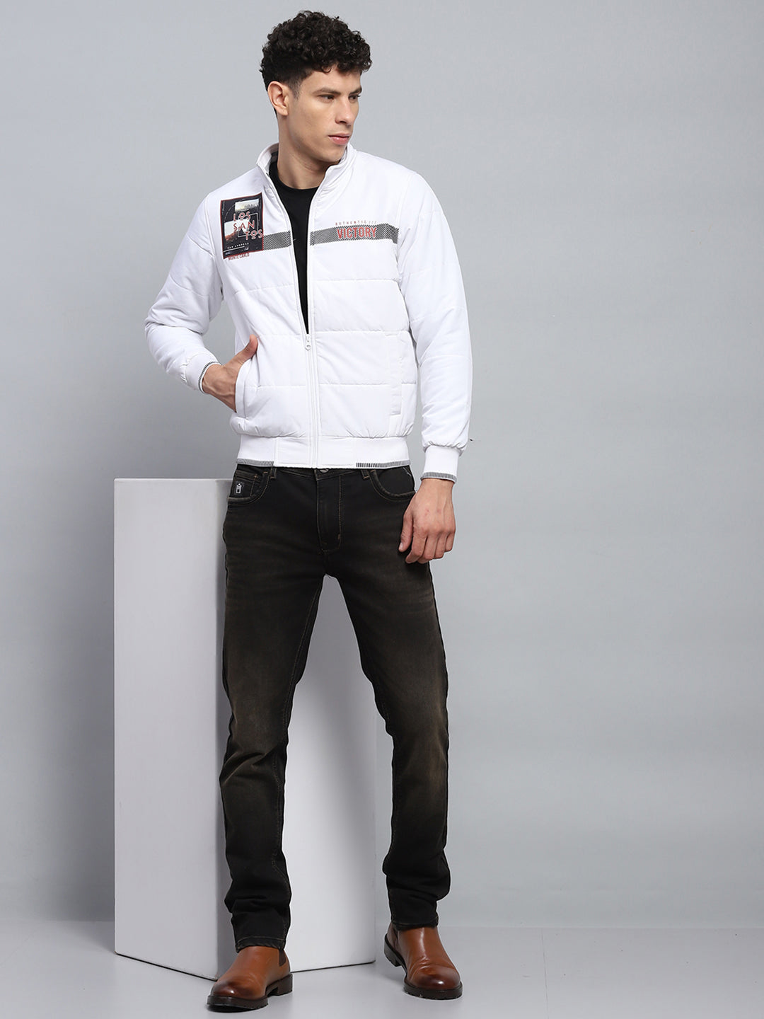 Men White Printed Mock Neck Full Sleeve Jacket