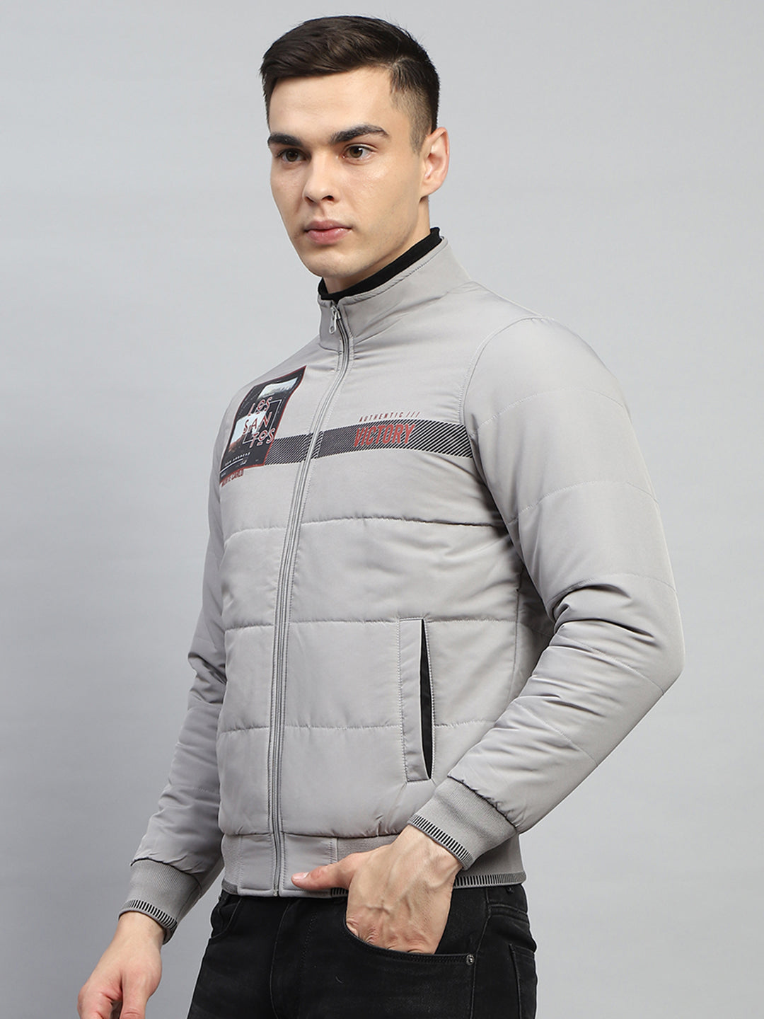 Men Grey Printed Mock Neck Full Sleeve Jacket