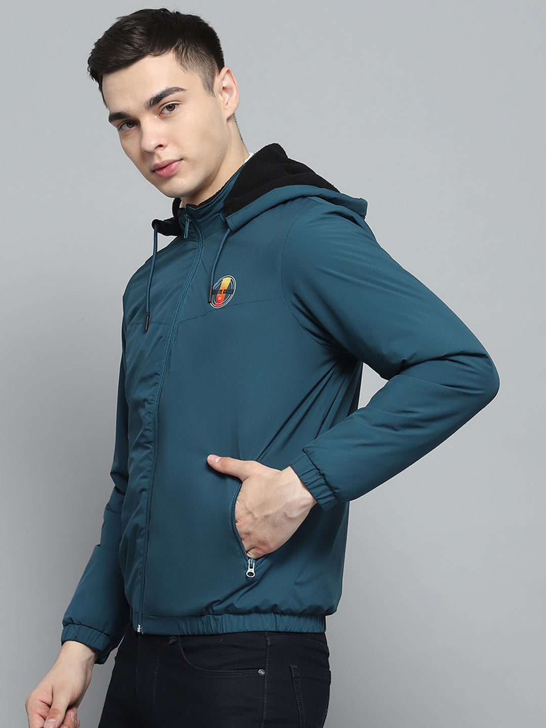 Men Teal Blue Solid Detachable Hood Full Sleeve Jacket