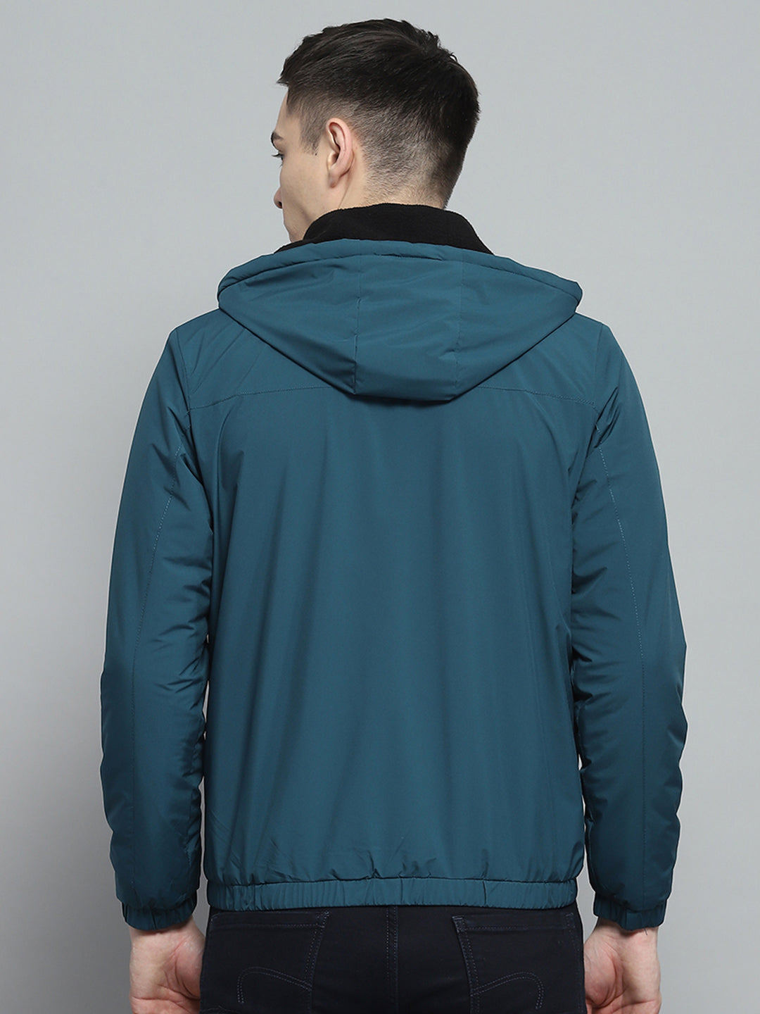 Men Teal Blue Solid Detachable Hood Full Sleeve Jacket