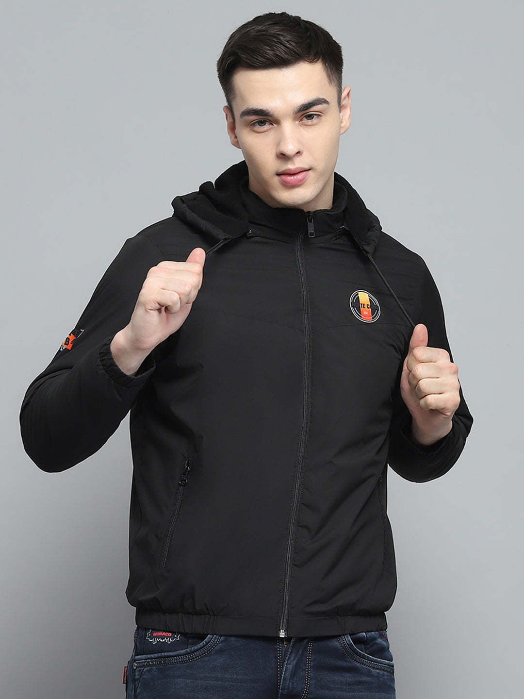 Men Black Solid Detachable Hood Full Sleeve Jacket