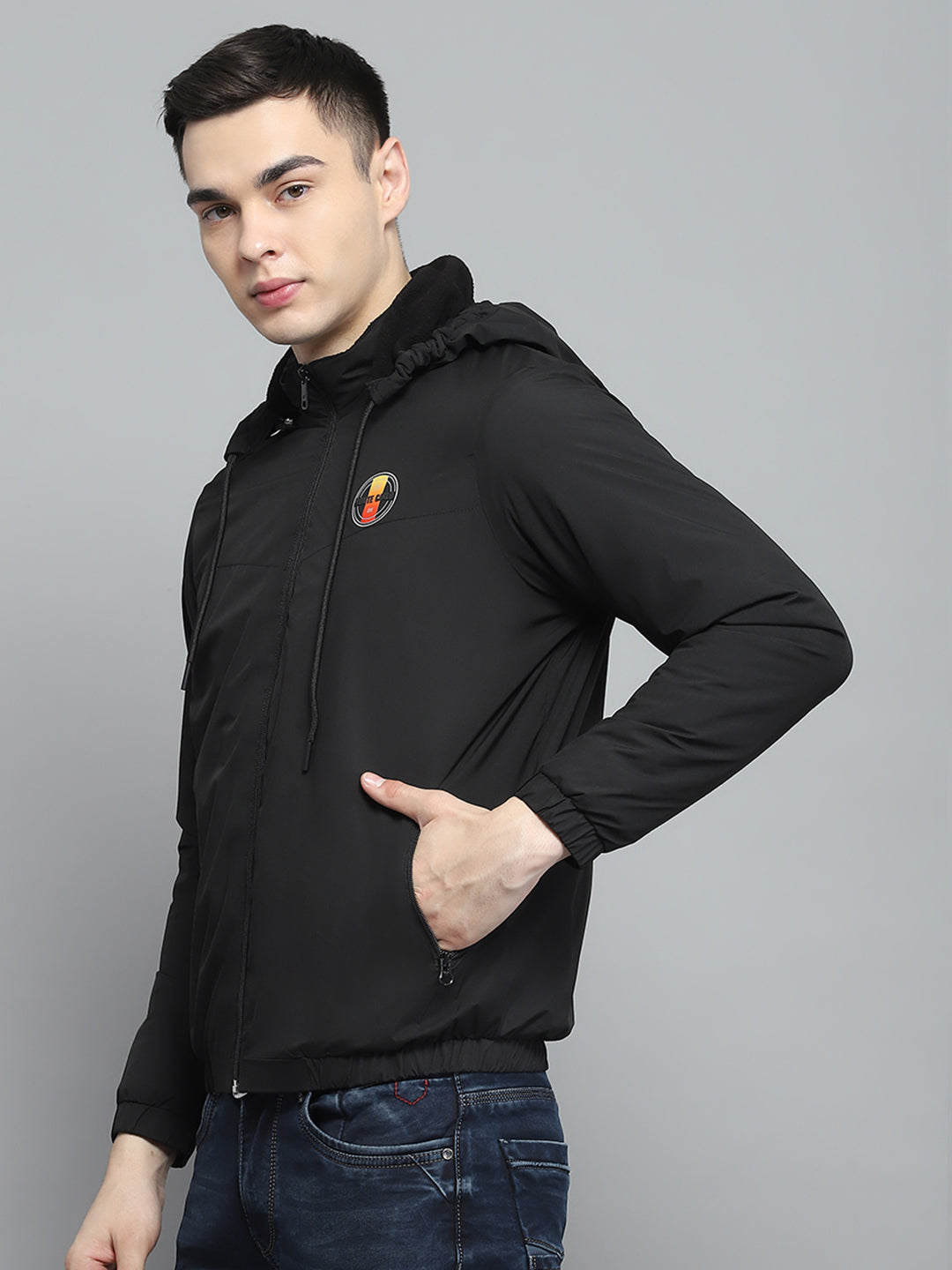 Men Black Solid Detachable Hood Full Sleeve Jacket