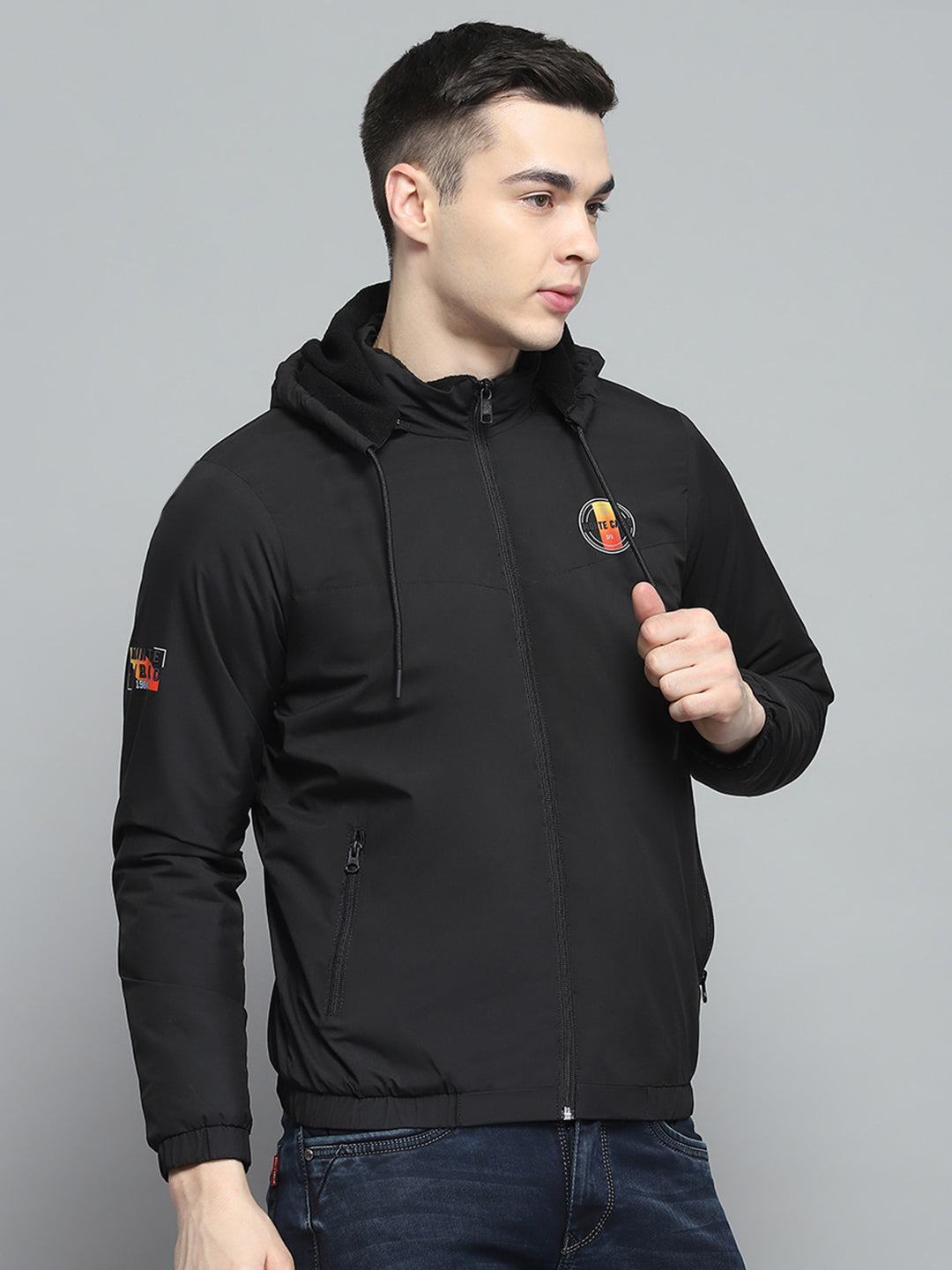 Men Black Solid Detachable Hood Full Sleeve Jacket