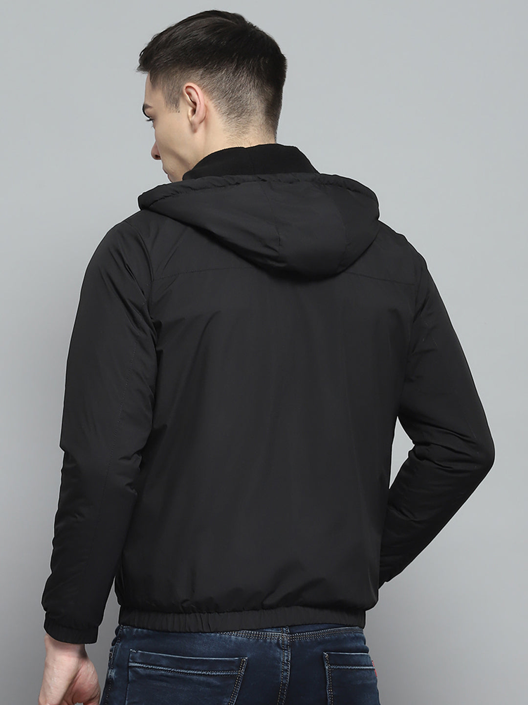 Men Black Solid Detachable Hood Full Sleeve Jacket