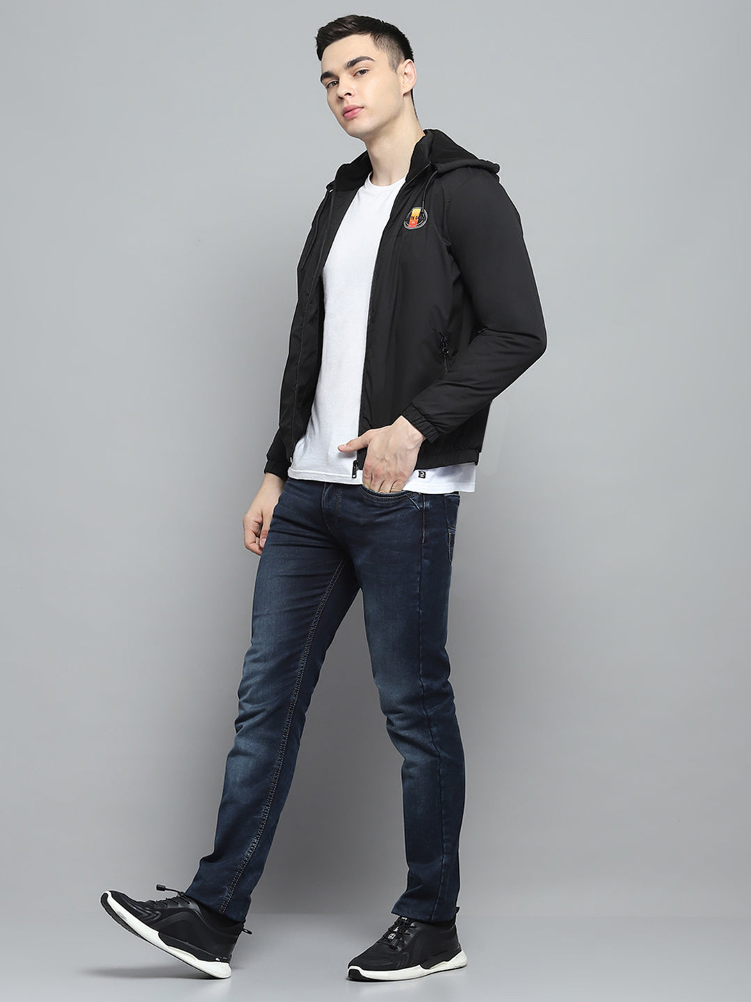 Men Black Solid Detachable Hood Full Sleeve Jacket