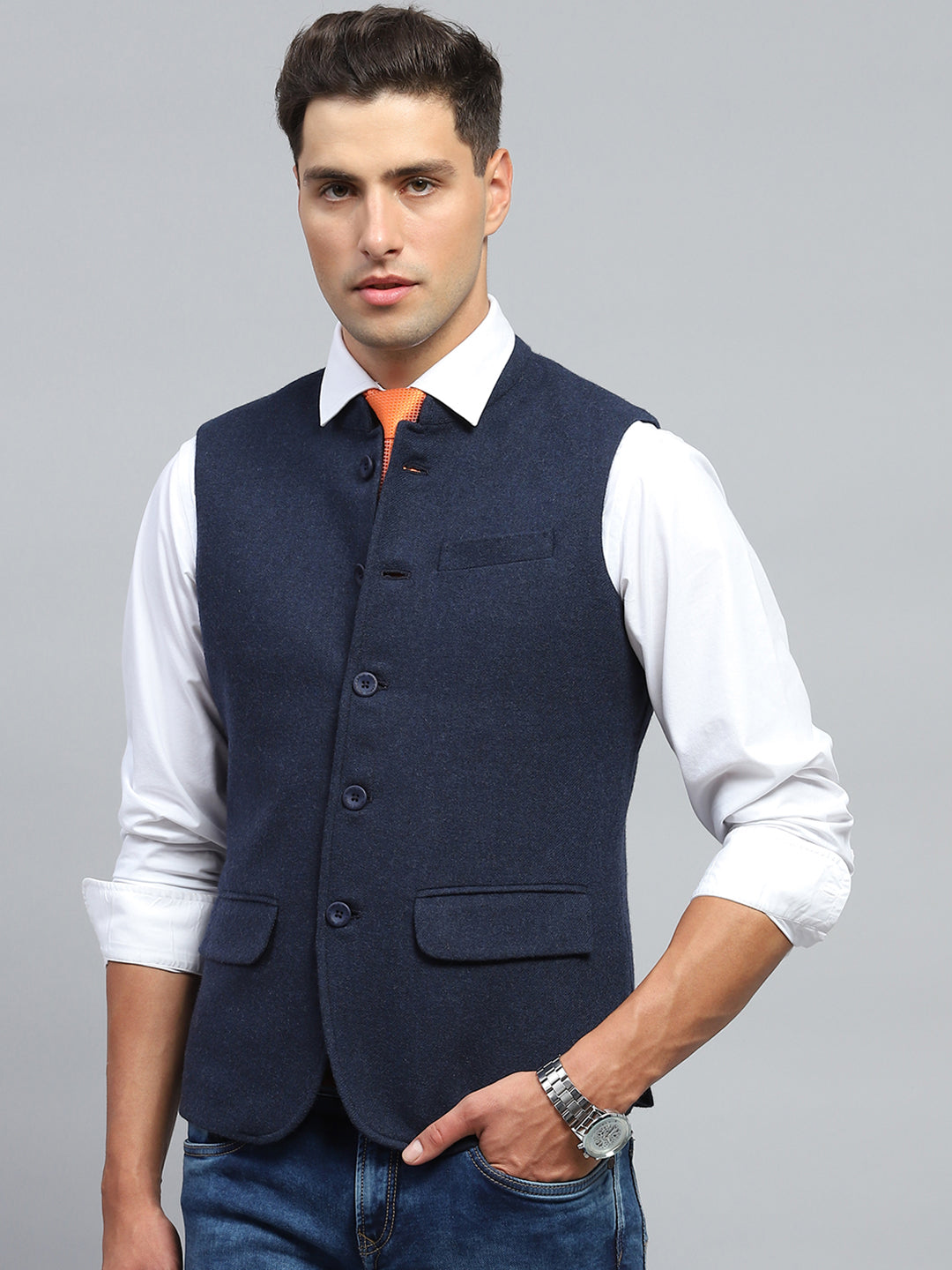 Men Navy Blue Solid Mock Neck Sleeveless Jacket