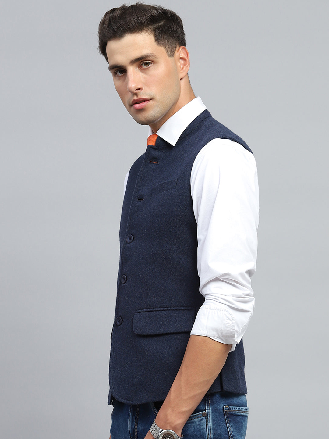 Men Navy Blue Solid Mock Neck Sleeveless Jacket