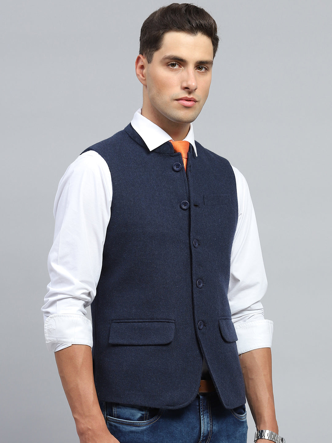 Men Navy Blue Solid Mock Neck Sleeveless Jacket