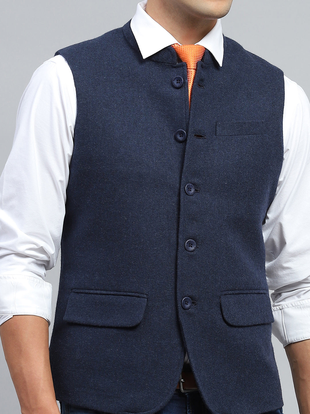 Men Navy Blue Solid Mock Neck Sleeveless Jacket