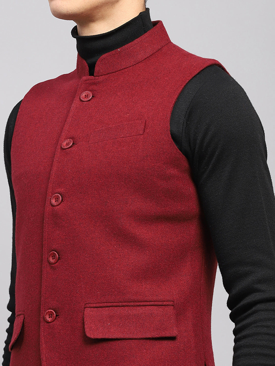 Men Maroon Solid Band Collar Sleeveless Jacket