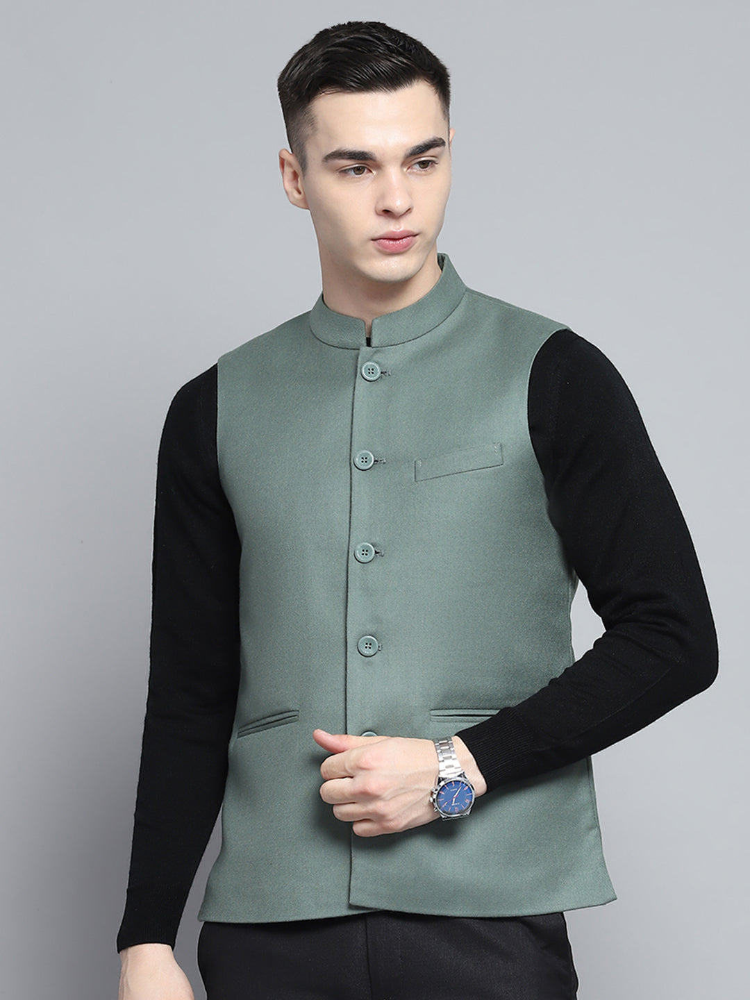 Men Olive Solid Band Collar Sleeveless Jacket