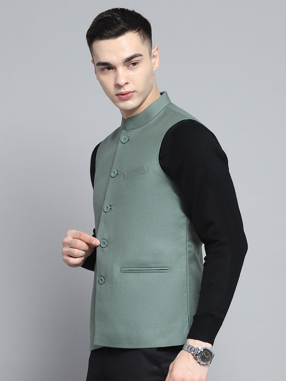 Men Olive Solid Band Collar Sleeveless Jacket