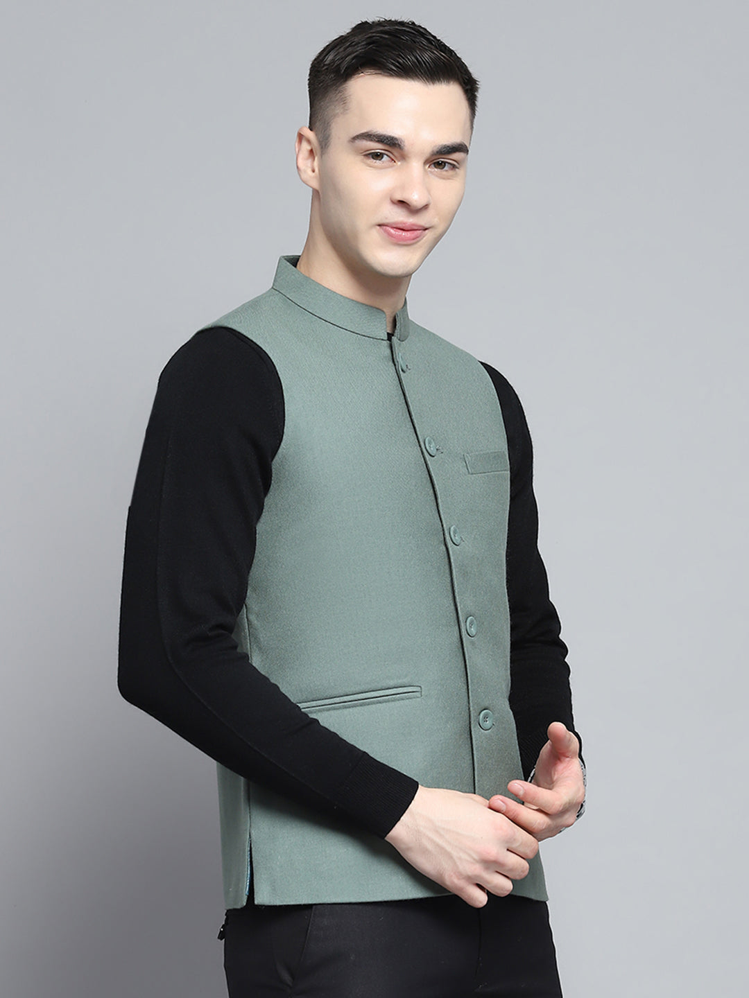 Men Olive Solid Band Collar Sleeveless Jacket