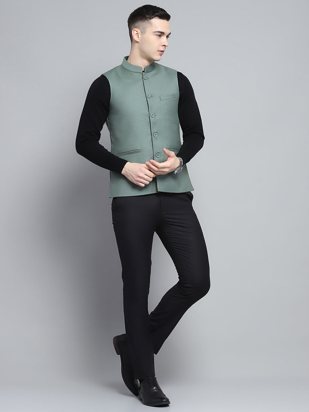 Men Olive Solid Band Collar Sleeveless Jacket