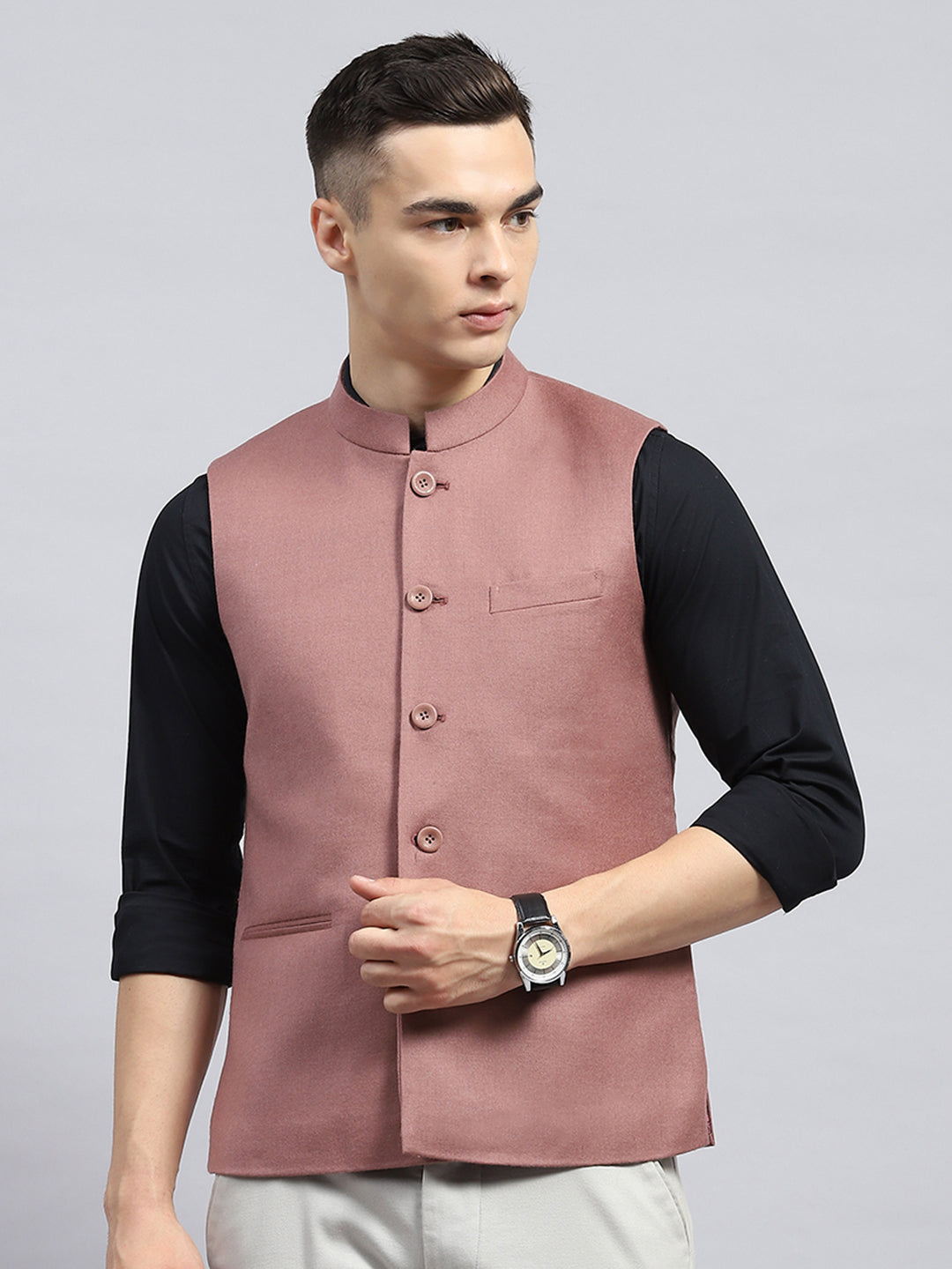 Men Peach Solid Band Collar Sleeveless Jacket