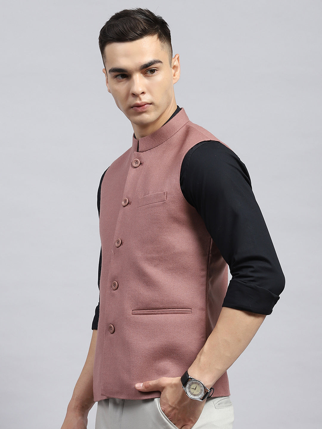 Men Peach Solid Band Collar Sleeveless Jacket