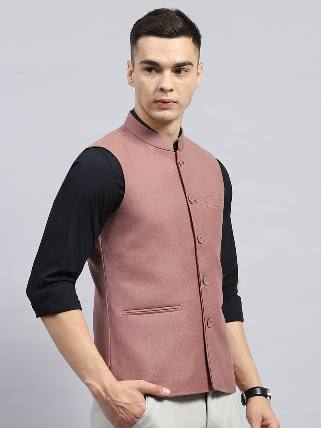 Men Peach Solid Band Collar Sleeveless Jacket