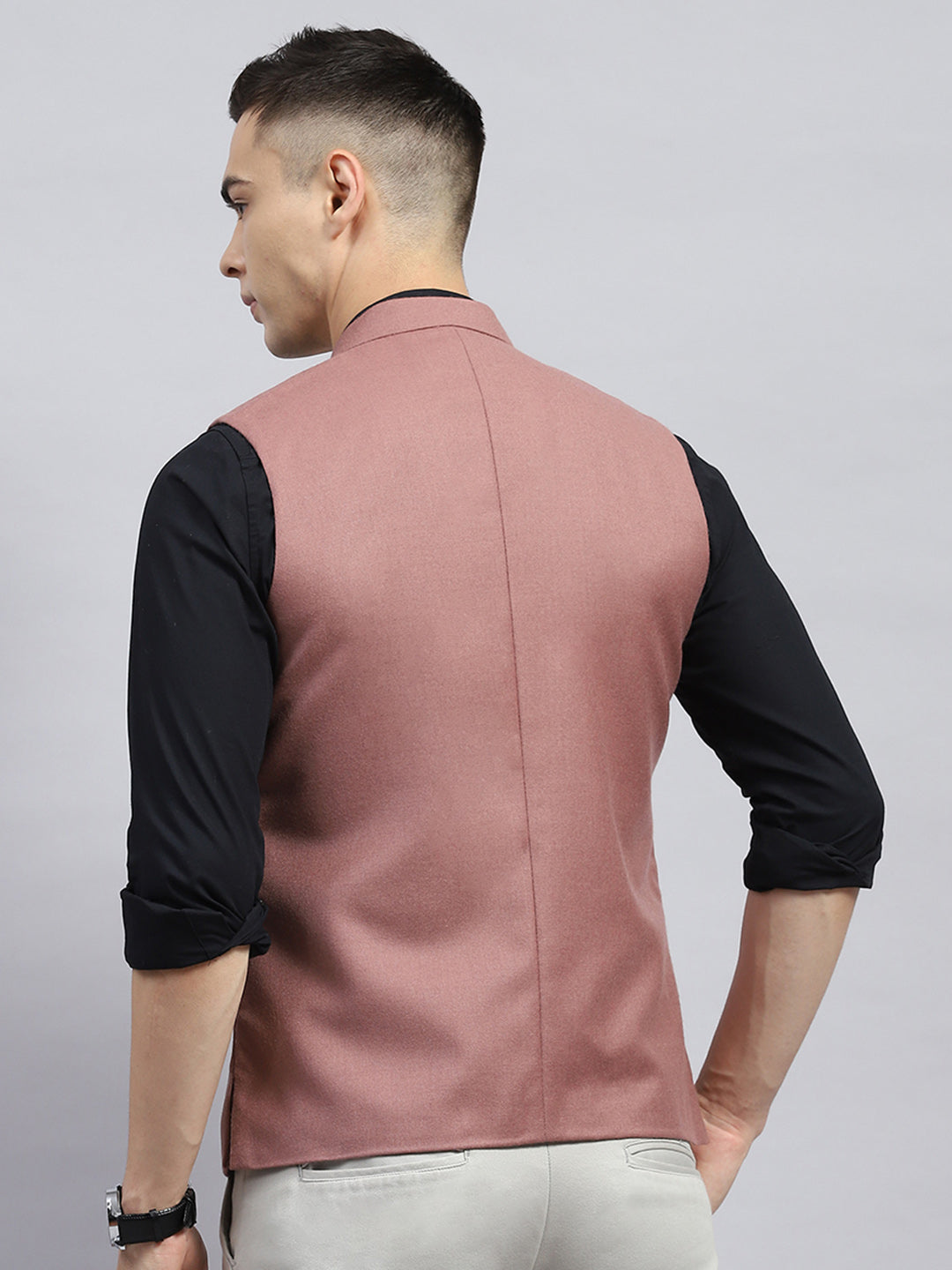 Men Peach Solid Band Collar Sleeveless Jacket