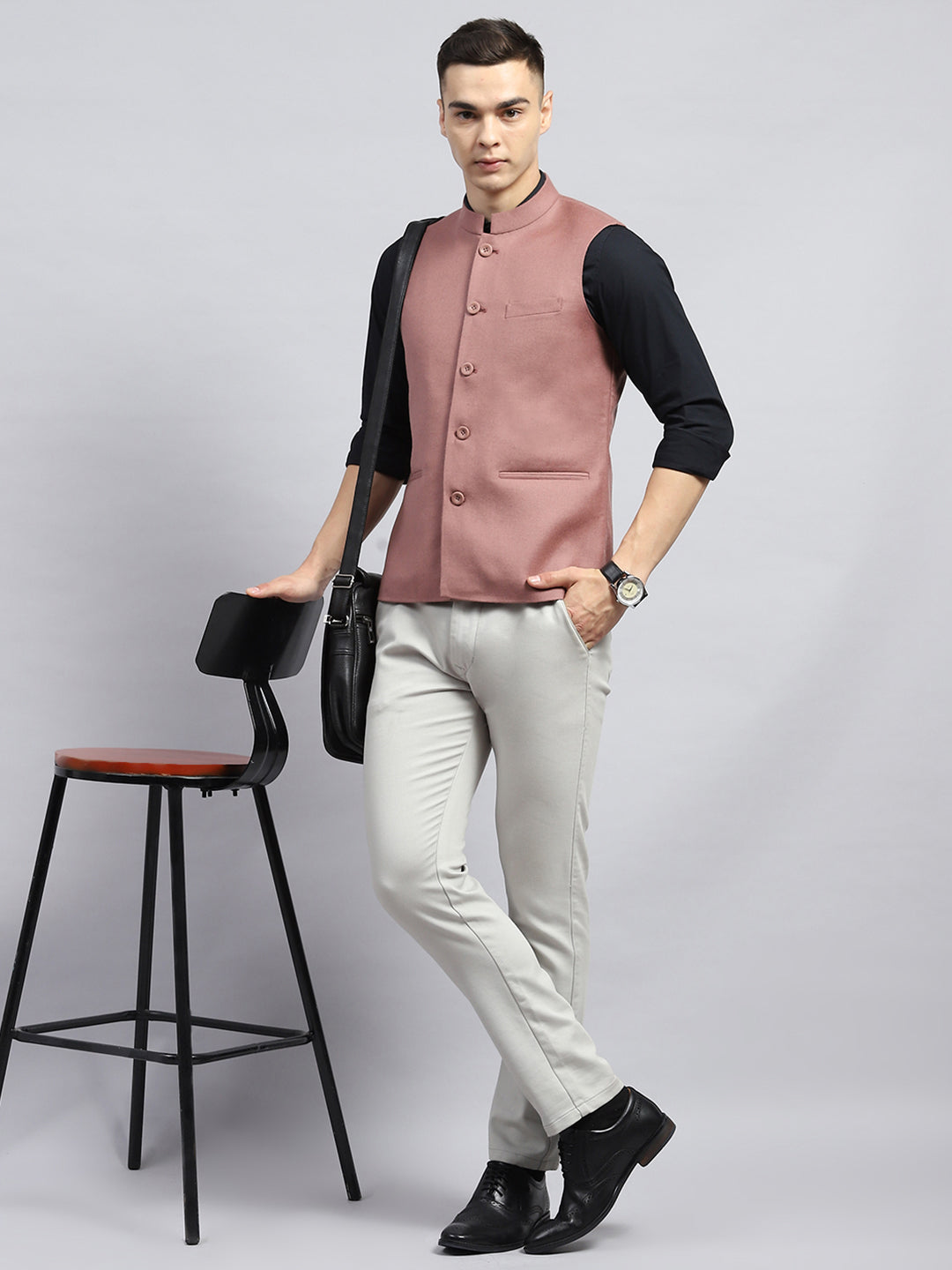 Men Peach Solid Band Collar Sleeveless Jacket